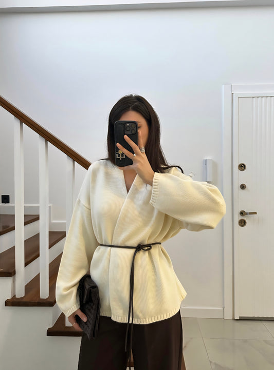 Beige Leather Belted Cardigan