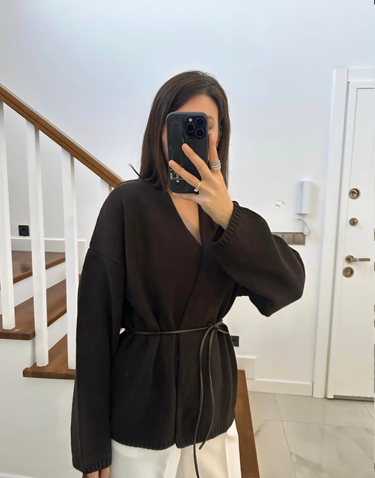 Brown Leather Belted Cardigan