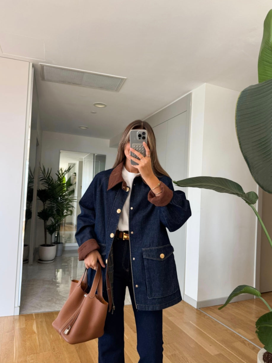 Premium checked lining jeans jacket with courdroy collar