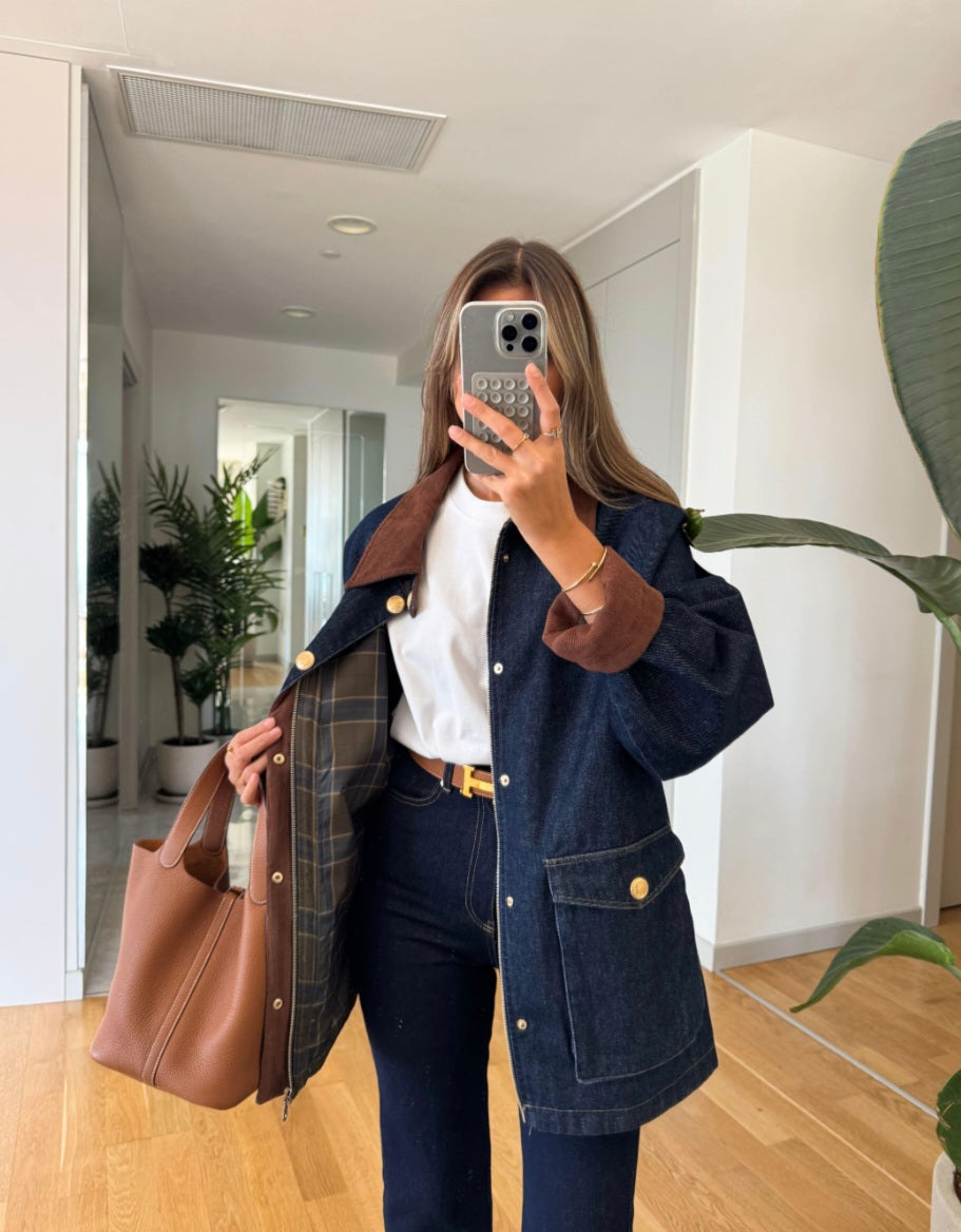 Premium checked lining jeans jacket with courdroy collar