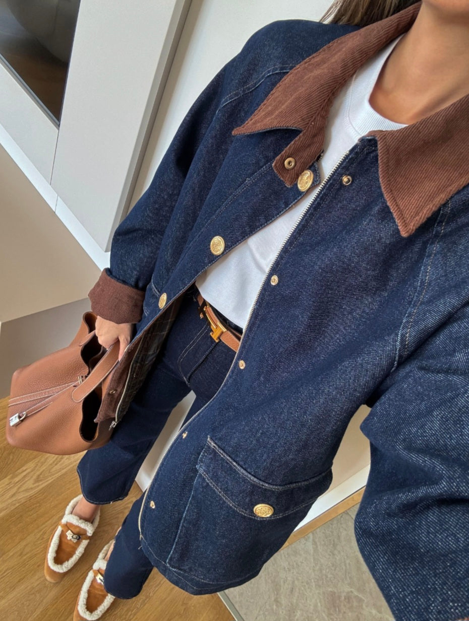 Premium checked lining jeans jacket with courdroy collar