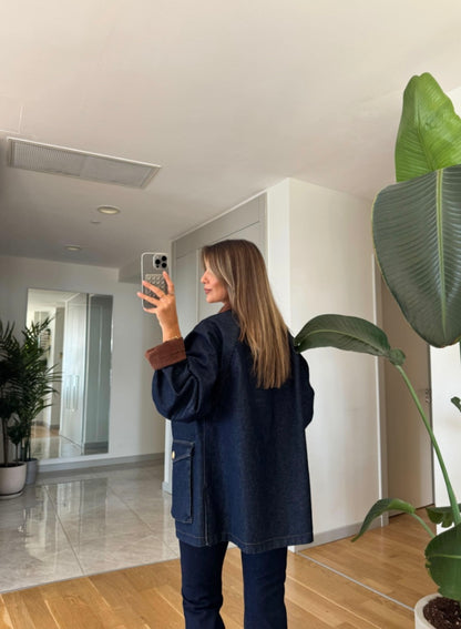 Premium checked lining jeans jacket with courdroy collar