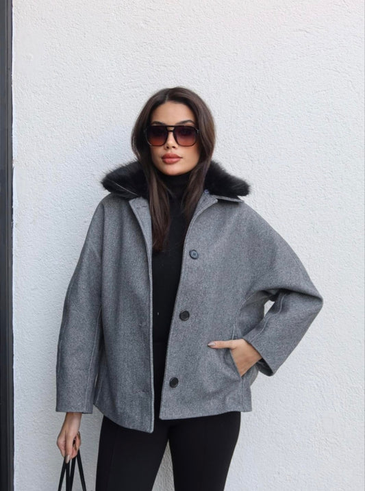 Felt jacket with removable fur collar