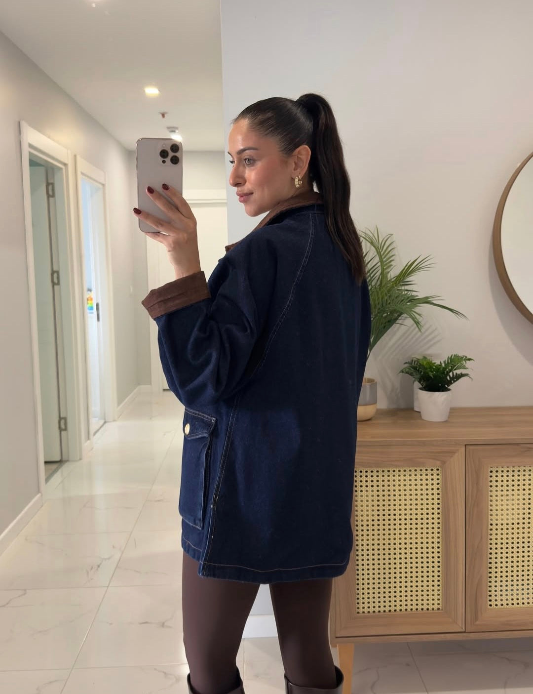 Premium checked lining jeans jacket with courdroy collar