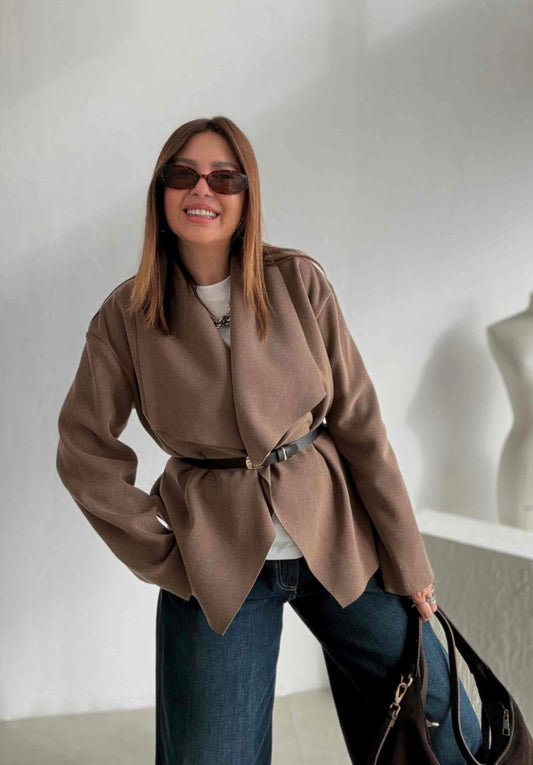 Cashmere Textured Shawl Collar Belted Jacket