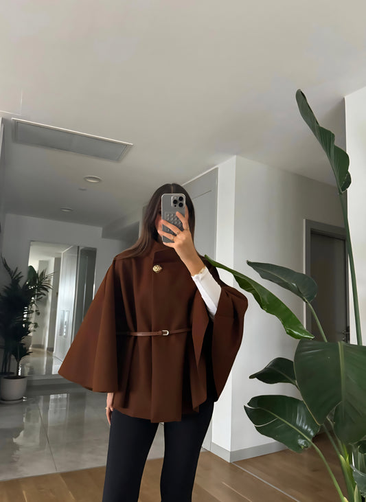 Belted Gold Buttoned felt fabric Cape - Brown
