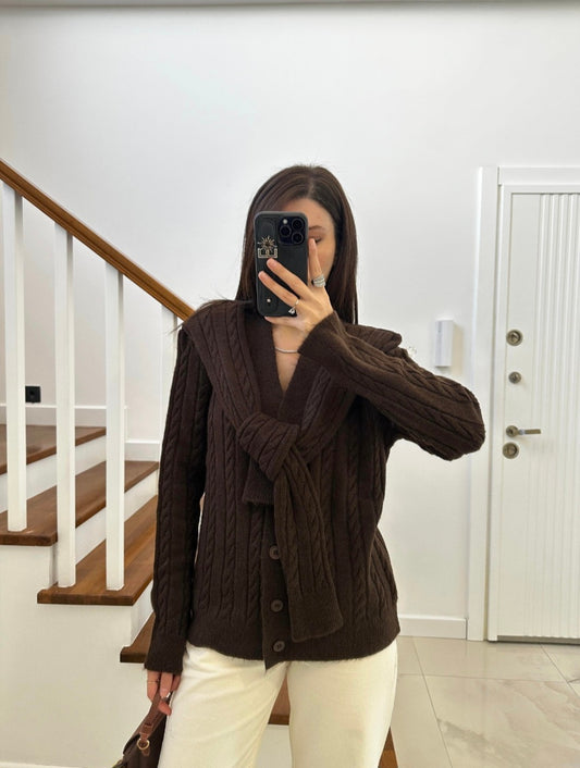 Wool Cardigan with attached scarf