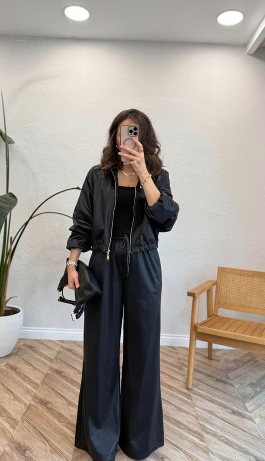 Bomber leather Jacket with wide leg trouser co-ord set