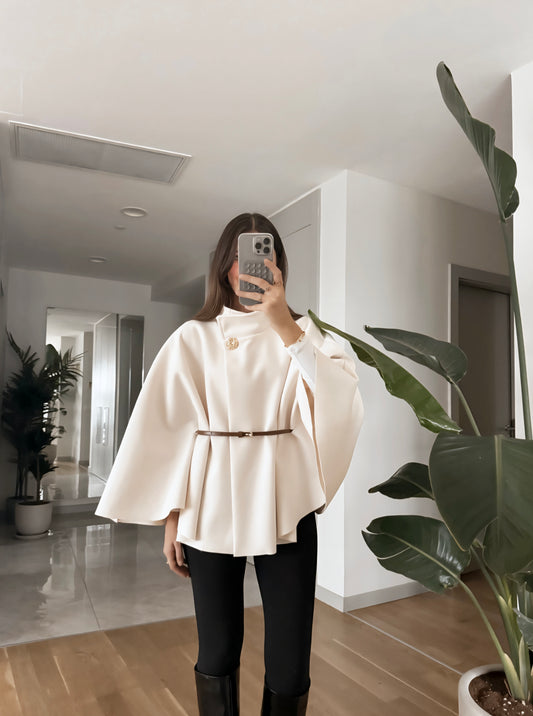 Belted Gold Buttoned felt fabric Cape - beige