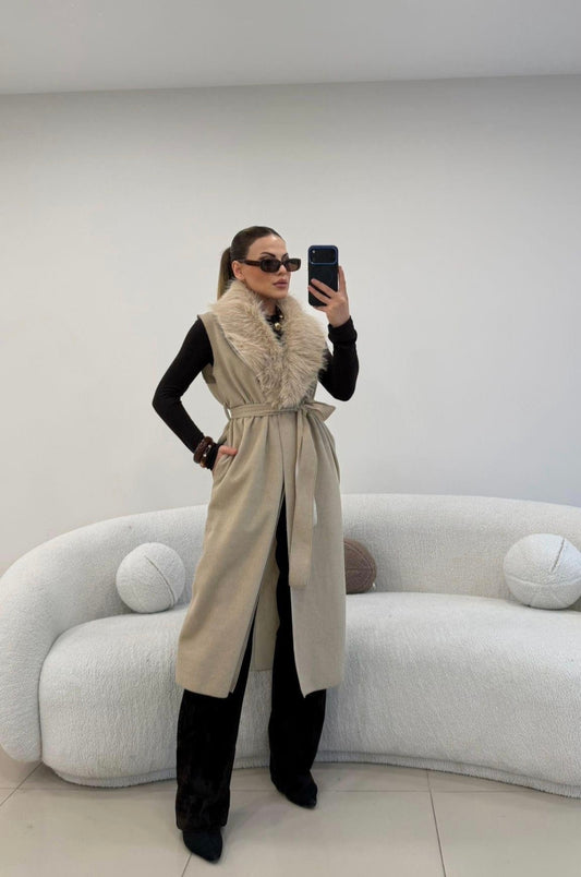 LONG belted unlined Fur-Covered COllar Vest