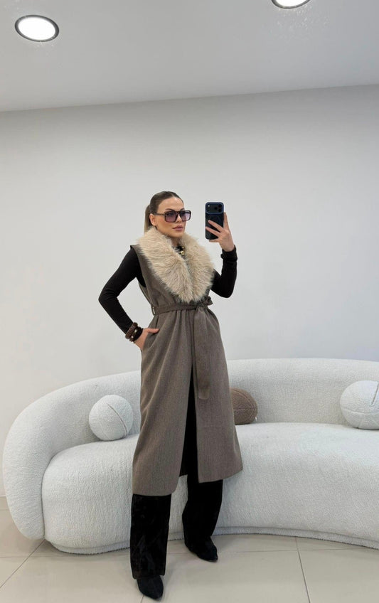 LONG belted unlined Fur-Covered COllar Vest