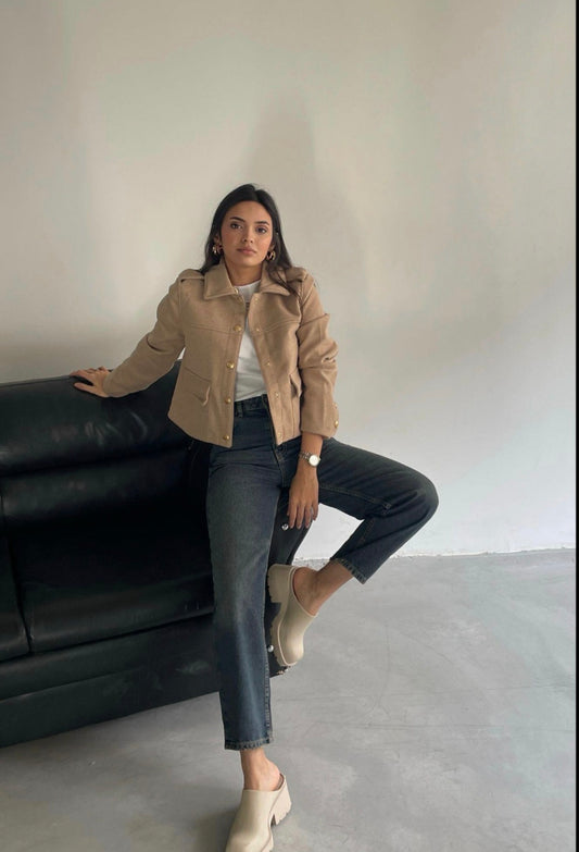 Felt fabric jacket with gold snaps