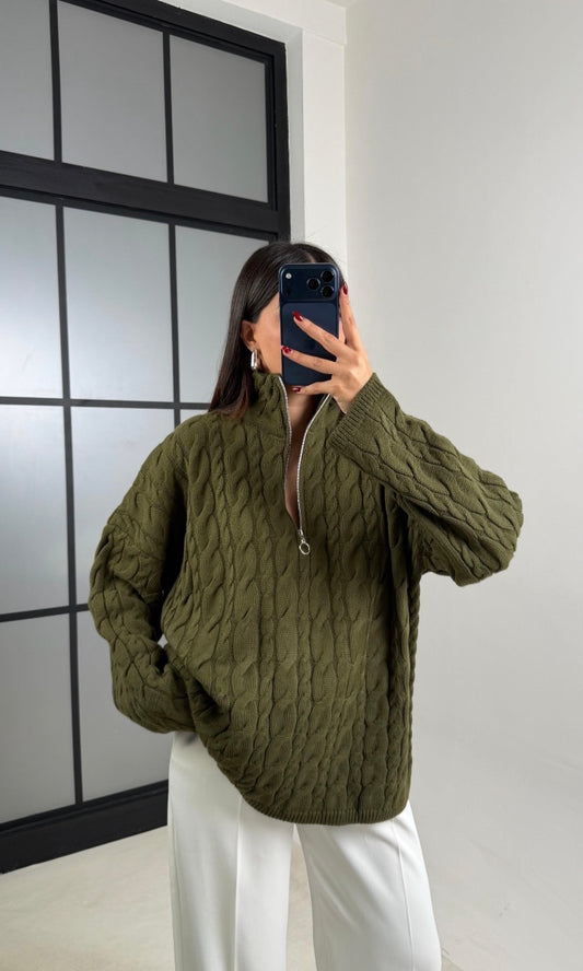 Half Zip Knitted Braided Textured Jumper