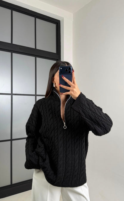 Half Zip Knitted Braided Textured Jumper