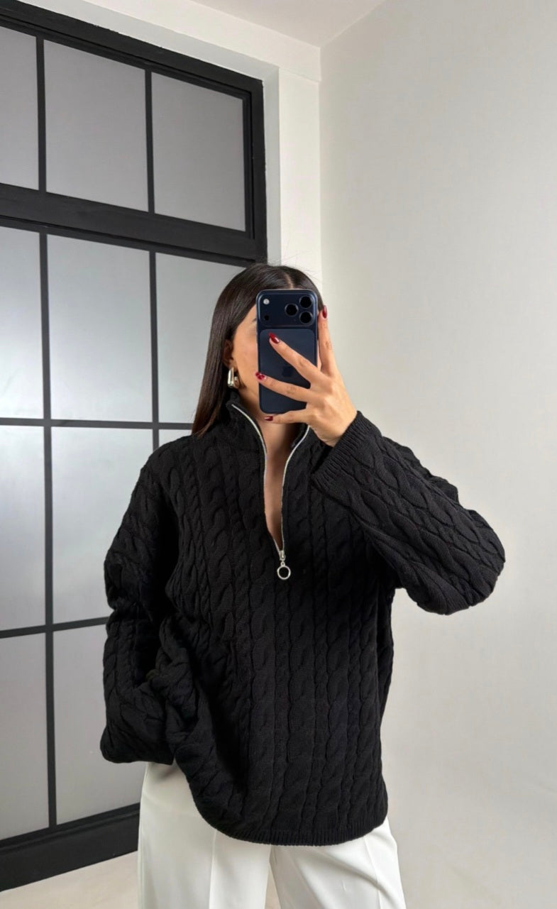 Half Zip Knitted Braided Textured Jumper
