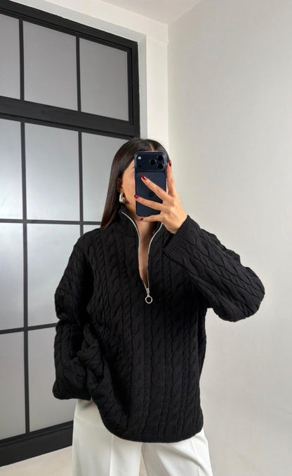 Half Zip Knitted Braided Textured Jumper