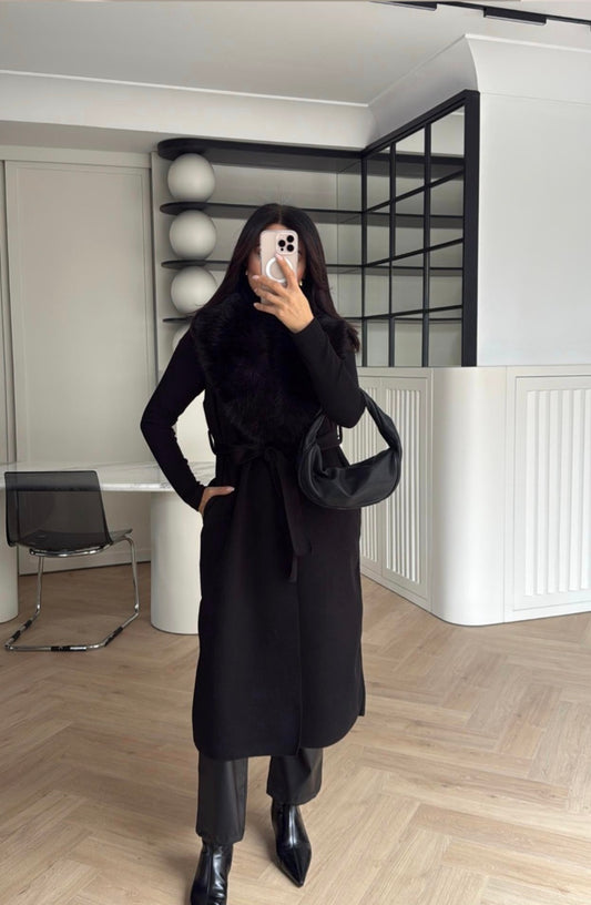 LONG belted unlined Fur-Covered COllar Vest