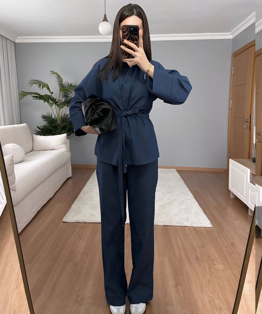 Wide sleeve belted shirt with elastic waistband trouser gabardine co-ord set