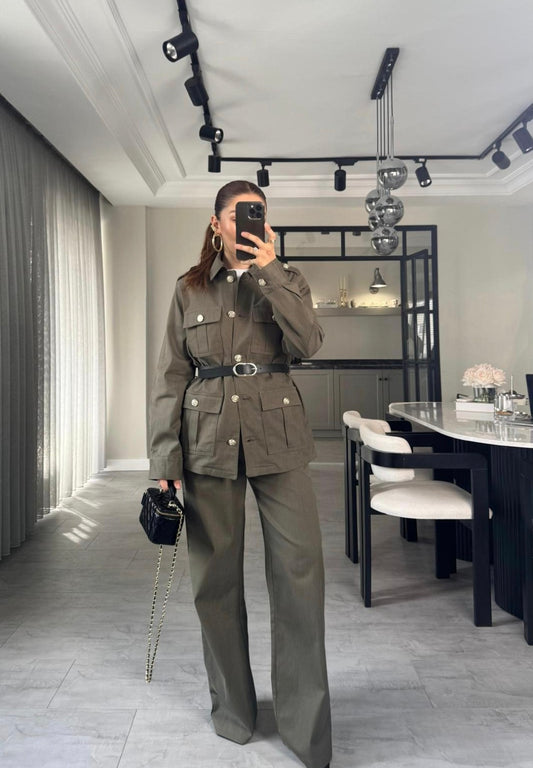 Belted double Pocket jeans suit