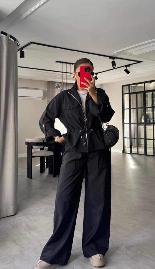 Safari jacket with drawstring High-waisted pants with a wide elastic Two-Piece Set (black)
