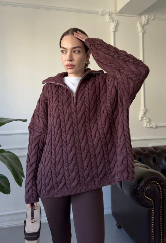 Half Zip Knitted Braided Textured Jumper