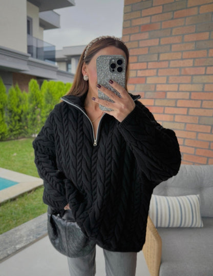 Half Zip Knitted Braided Textured Jumper