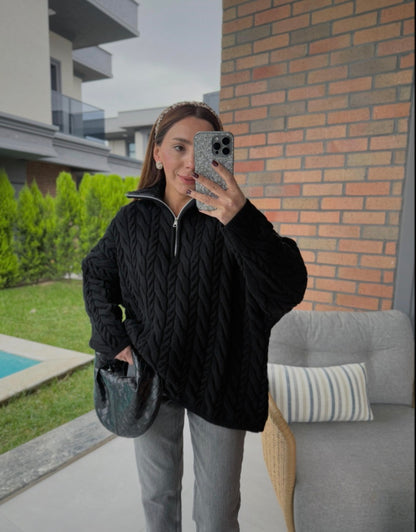 Half Zip Knitted Braided Textured Jumper