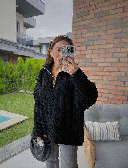Half Zip Knitted Braided Textured Jumper
