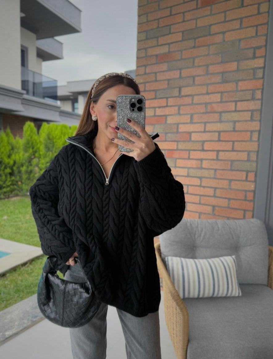 Half Zip Knitted Braided Textured Jumper