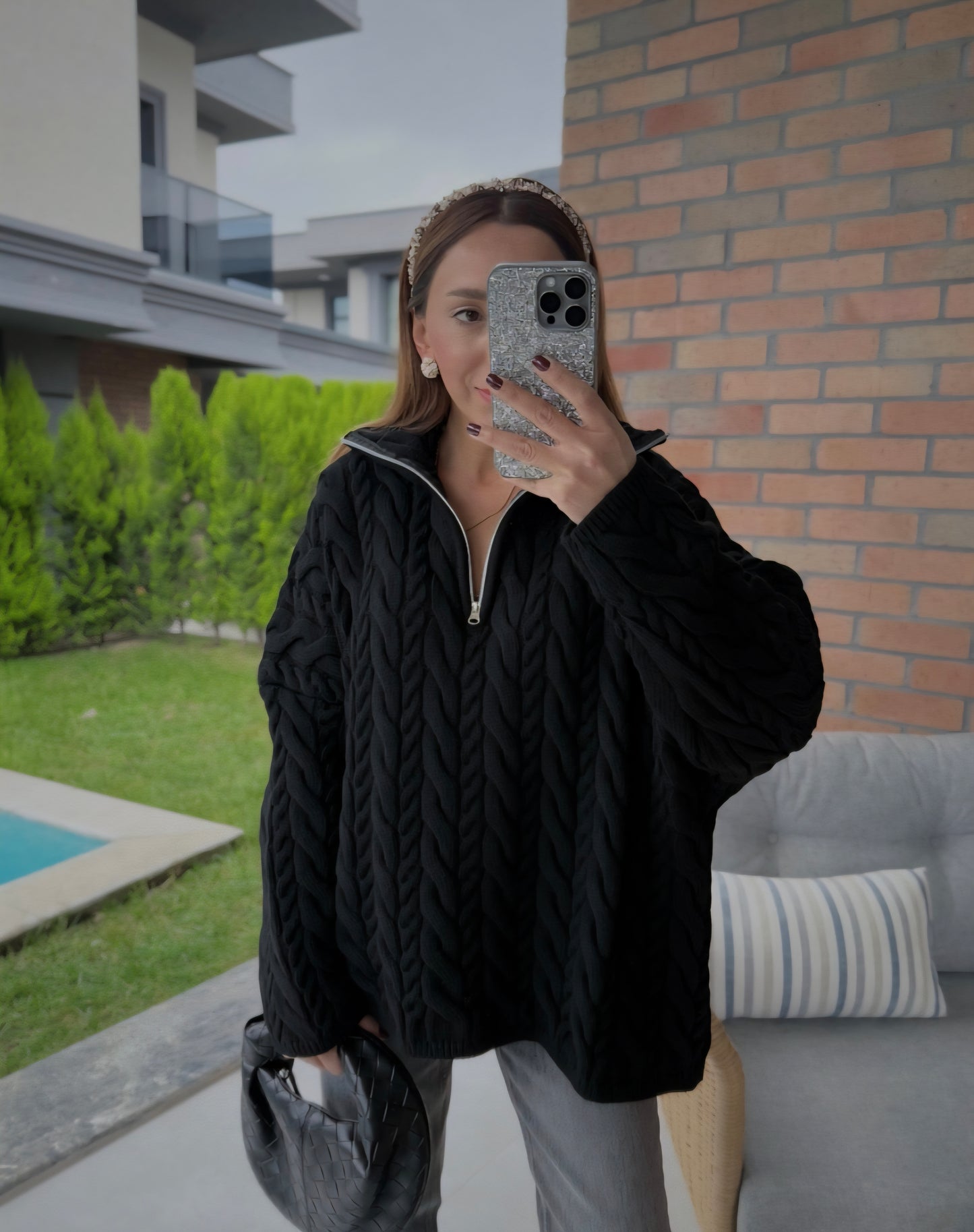 Half Zip Knitted Braided Textured Jumper