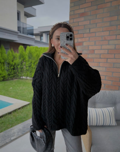 Half Zip Knitted Braided Textured Jumper