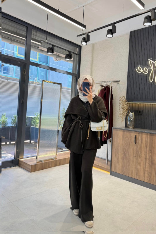 Premium knitted Co-ord set with leather belt-brown