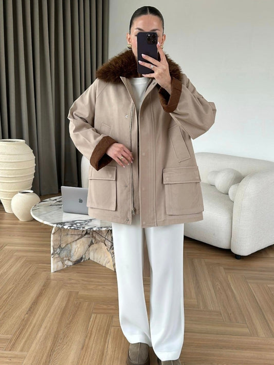 Suede Quilted Lined Jacket with removable fur collar