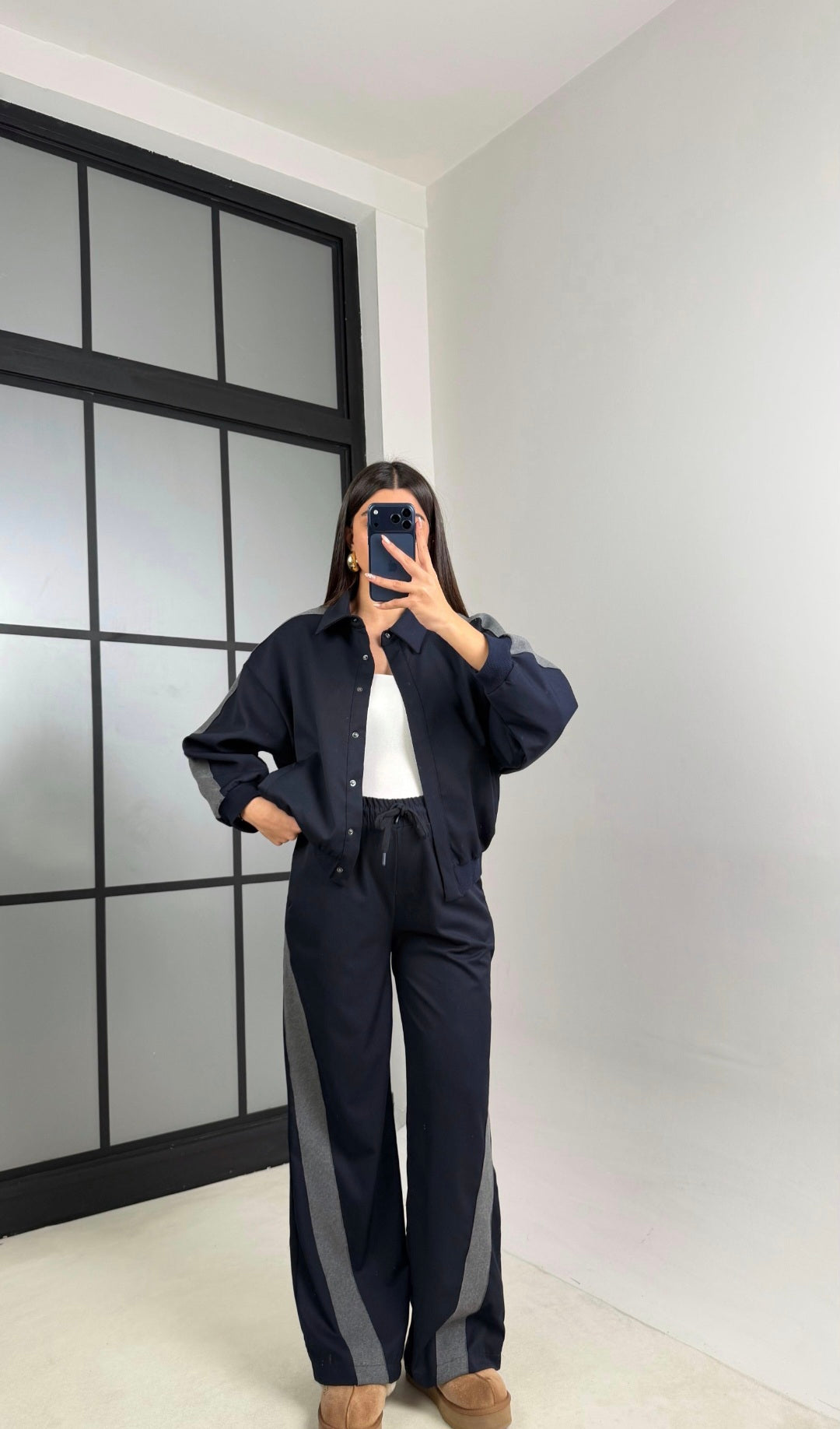 Navy blue Bomber jacket with grey line details,waistband straight leg trouser co-ord set