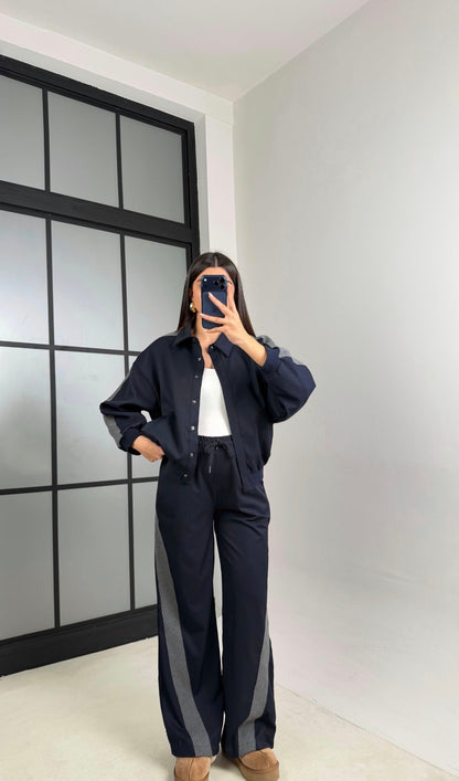 Navy blue Bomber jacket with grey line details,waistband straight leg trouser co-ord set