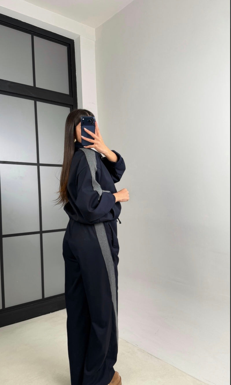 Navy blue Bomber jacket with grey line details,waistband straight leg trouser co-ord set