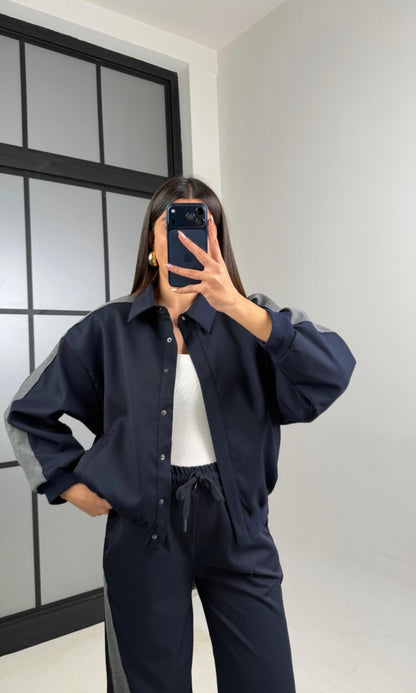 Navy blue Bomber jacket with grey line details,waistband straight leg trouser co-ord set