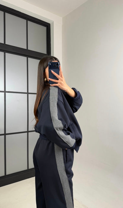 Navy blue Bomber jacket with grey line details,waistband straight leg trouser co-ord set