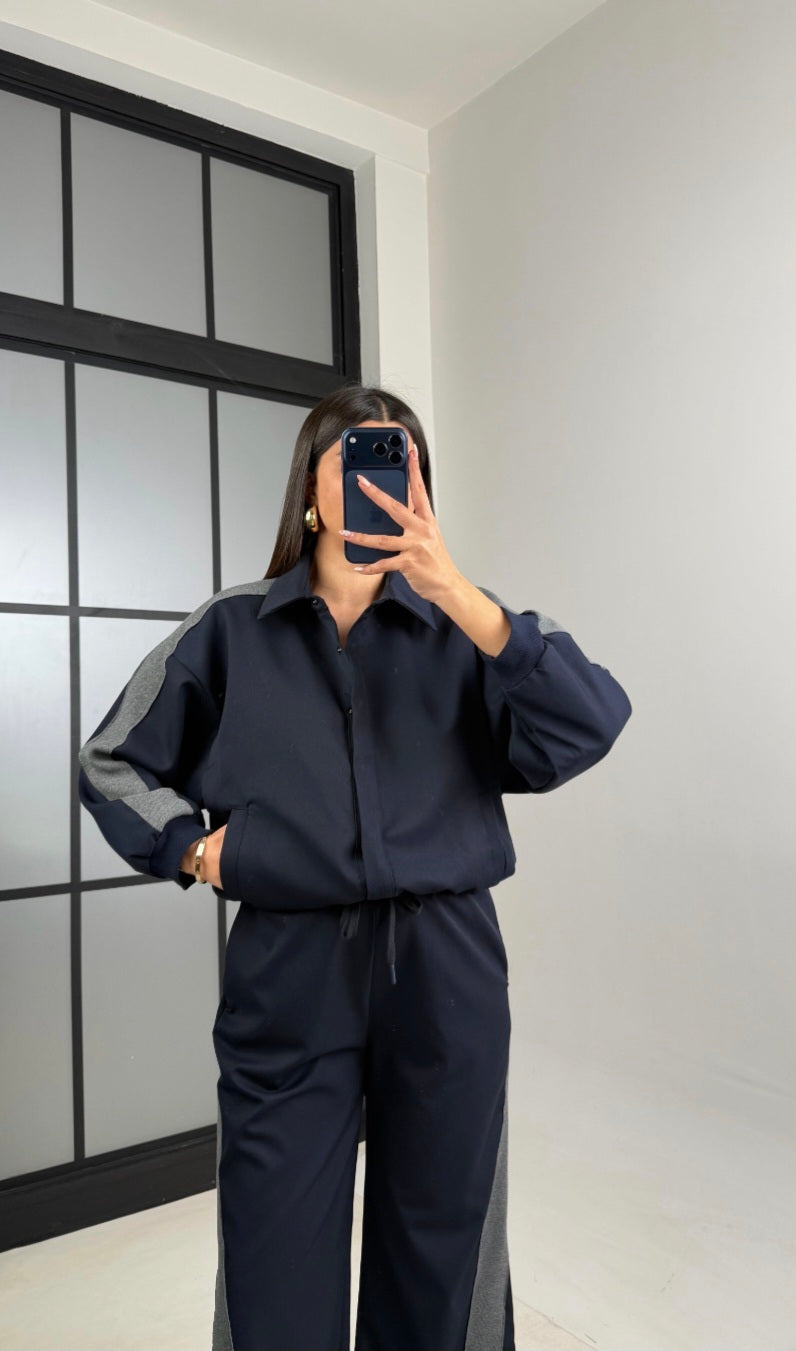 Navy blue Bomber jacket with grey line details,waistband straight leg trouser co-ord set