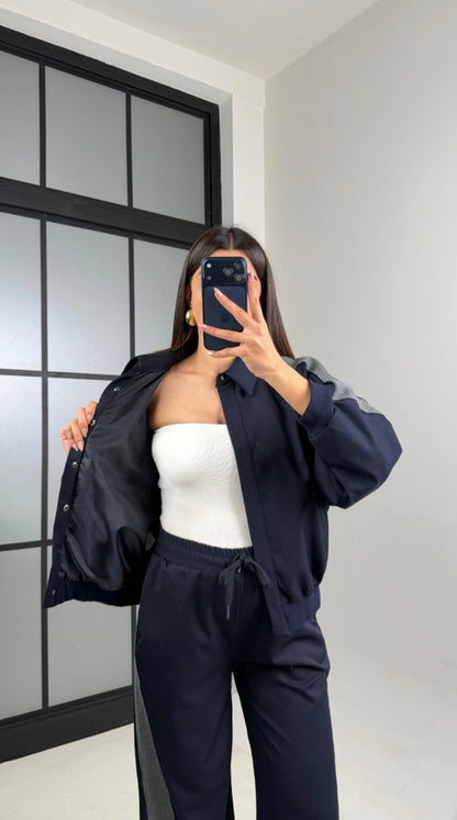 Navy blue Bomber jacket with grey line details,waistband straight leg trouser co-ord set