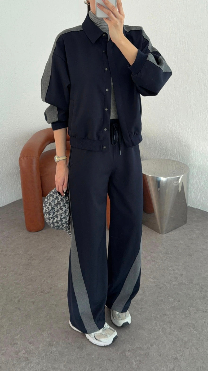 Navy blue Bomber jacket with grey line details,waistband straight leg trouser co-ord set