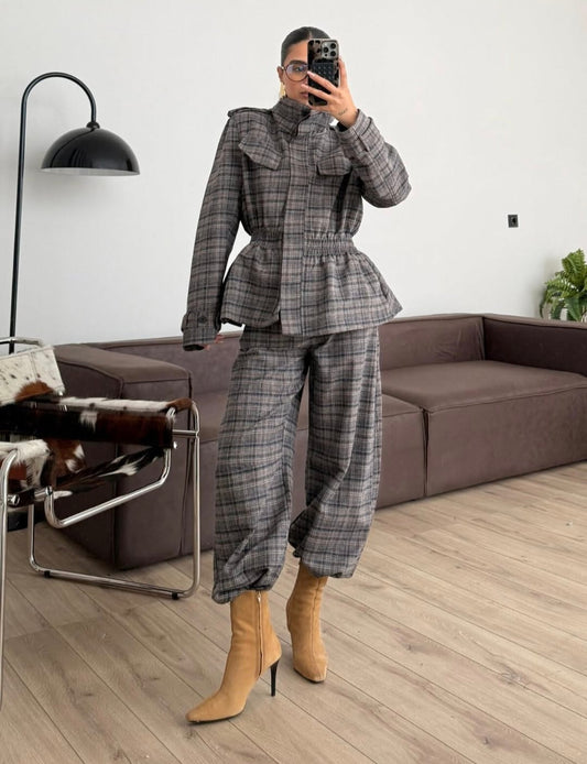 Check Peplum Wool Blend Jacket whit straight trouser co-ord suit