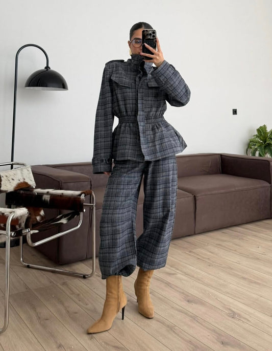 Check Peplum Wool Blend Jacket with straight trouser co-ord suit