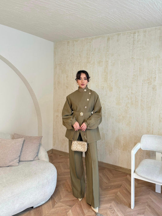 TB-Nema Gold Button Detail Cupra Suit Khaki