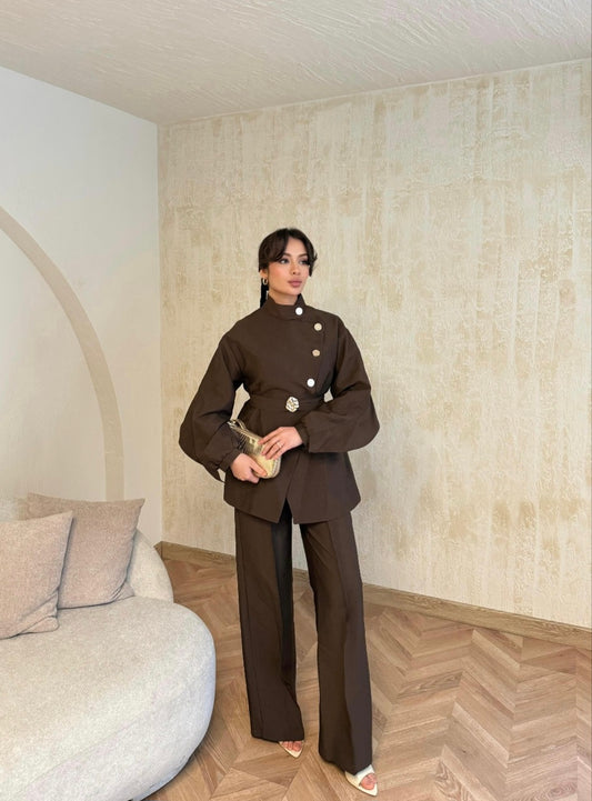 TB-Nema Gold Button Detail Cupra Suit brown