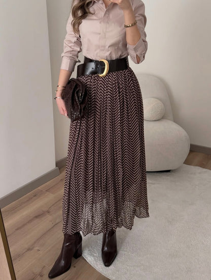 Beige and brown patterned chiffon skirt with belt
