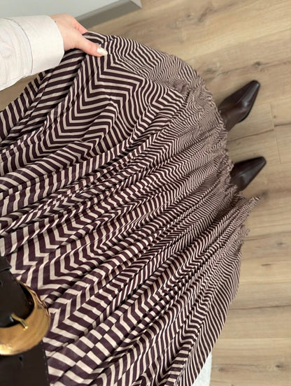 Beige and brown patterned chiffon skirt with belt