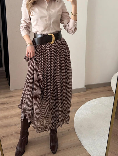 Beige and brown patterned chiffon skirt with belt