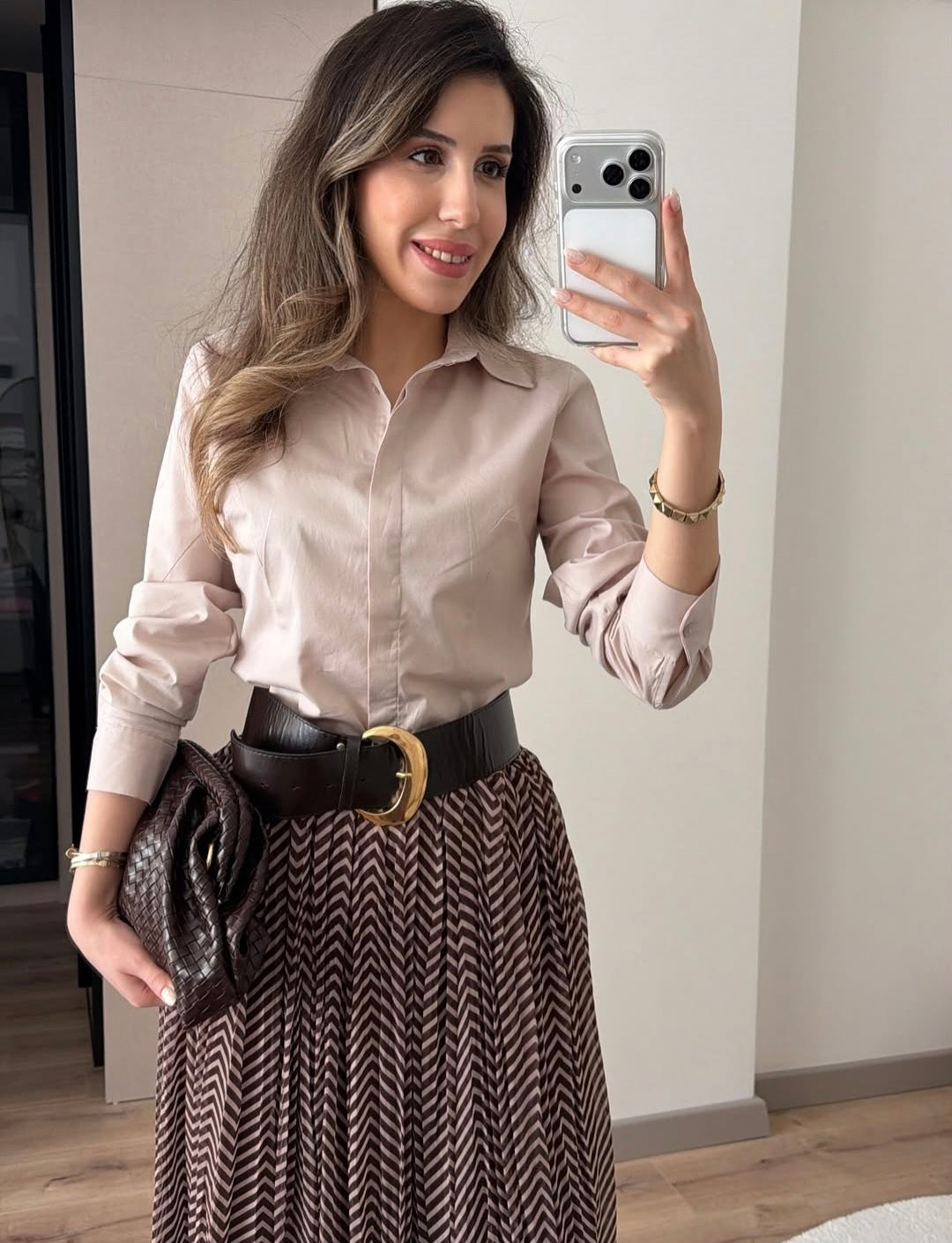 Beige and brown patterned chiffon skirt with belt