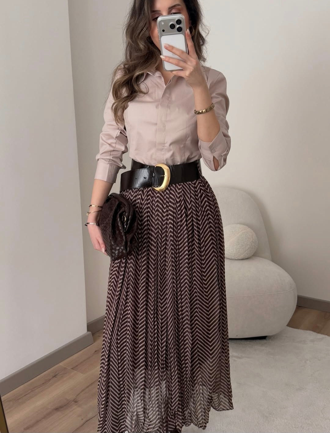 Beige and brown patterned chiffon skirt with belt